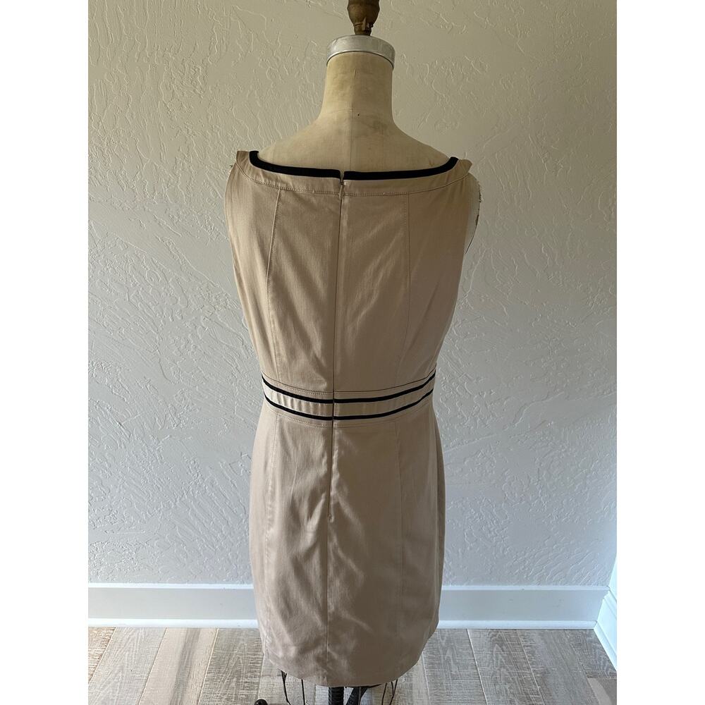 White House Black Market Khaki Split-Neck Sheath Dress with Black Trim - Picture 4 of 13